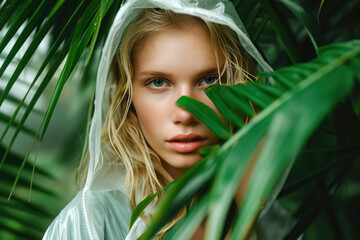 Naklejka premium Portrait of a young, blond woman in a tropical rain 