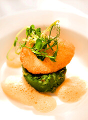 Kartoffelpuffer, Zucchinigemüse, Vorspeise, Kresse, fine dining,