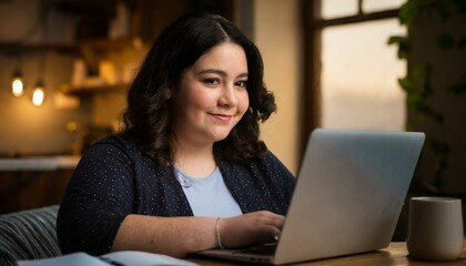  Portrait of a beautiful overweight woman working from home on a laptop computer