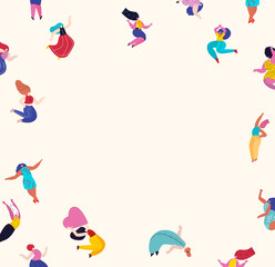Naklejka premium Banner,Leaflet with place for text,white background.Beautiful Women with Different Beauty,Hair,Skin Color.Party,Dances.Different Races,Nations.Diversity.The Femininity Concept.Vector flat Illustration