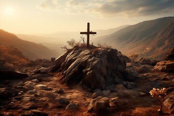 minimalistic design Easter and Good Friday concept, Empty tombstone with cross on mountain sunrise background