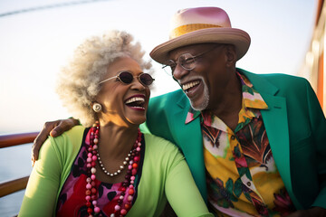 Vibrant Senior Couple Enjoying a Sunset Cruise. Black History Month concept