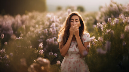 A young woman standing in a flower meadow and holding her hand over her mouth because he has to sneeze. Made with Generative AI - obrazy, fototapety, plakaty