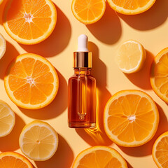 A dropper bottle of cosmetic essence with slices of juicy fruit. Concept of cosmetics containing vitamin C. Top view.