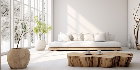 Bright, white-toned room design with cotton tree wood and natural light.