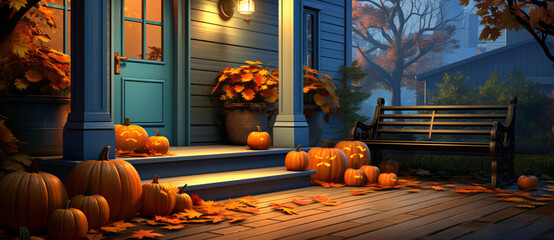 Obraz premium Porch with pumpkins and yellow leaves around, in the style of light blue and dark brown.