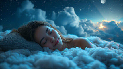 Woman sleeping among comfortable fluffy clouds and pillow. Starry sky, quality of sleep and rest.