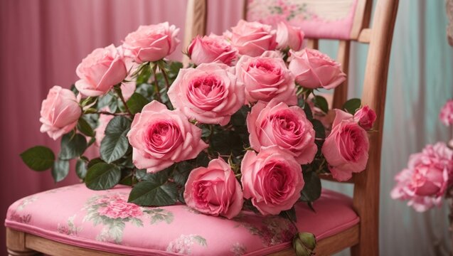 pink roses lie on a chair