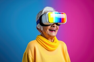 Fototapeta premium Smiling senior woman wearing virtual reality against pink and blue background