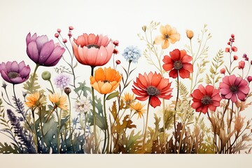 minimalistic design Floral border. The watercolor illustration features assorted wildflowers, grass
