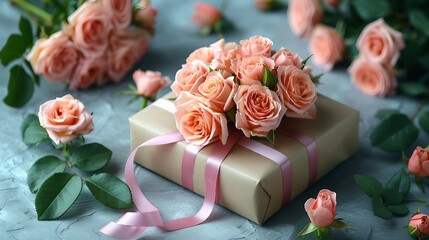 Roses bouquet with gift box wrapped. AI generate illustration
