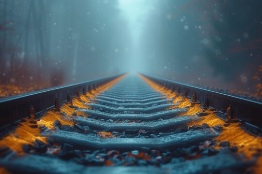 A series of parallel train tracks converging into the distance, showcasing the balanced and geometric elements inherent in railway infrastructure. Concept of balanced railway geometry. Generative Ai.