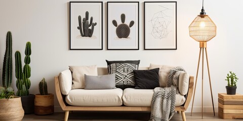 Cacti and geometric art above sofa with cushions, alongside black lamp in cozy living room.