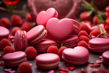 Obraz na płótnie Canvas Delicate Romance: Pink Macarons and Rose Petals. Valentine's Day sweets. Pink macaroons heart shaped