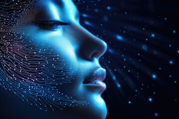 Artificial intelligence futuristic image. The data technology and network of dots connected by lines creates an abstract human face.