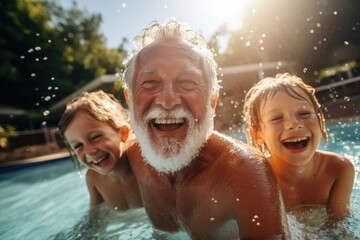 Cheerful grandfather and grandchildren enjoy time together during summer day, they splashing in outdoor pool - obrazy, fototapety, plakaty