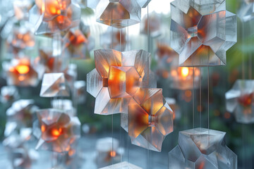A close-up of a modern art installation with suspended geometric shapes, creating a balanced and...