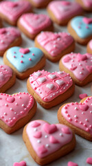Cookies decorated with icing in a vintage quilt pattern in shades of blue and pink. Background for Valentine's day.