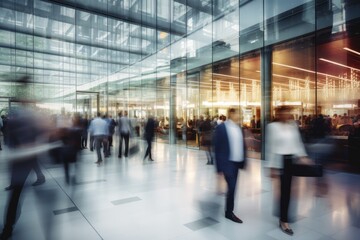 Business congressman with unrecognizable blurred walking people. Business environment