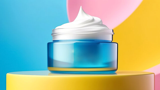 Mockup of a glass jar with facial skin care cream on a round yellow podium, abstract pink and blue background. Cosmetics beauty product. Blank label packaging for branding sample.