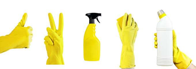 Hands holding detergent bottle packs, WC gel and spray chemical mockups, sponge isolated on white, transparent png