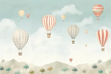 Papier Peint photo Montgolfière A whimsical and playful wallpaper featuring illustrated hot air balloons and dreamy skies, perfect for a child's room or creative space