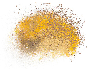 Mixed spice turmeric, ginger powder, cumin and ground black pepper isolated on white