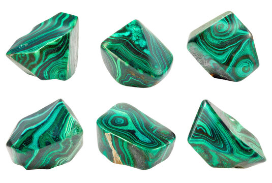 Set of green polished malachite stones. Isolated on white or transparent background png.