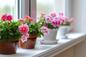 Obraz premium beautiful flowers on the windowsill near the window