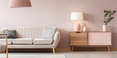 Retro living room with brown sofa, pink lamp, and white table on a rug near grey cabinet.