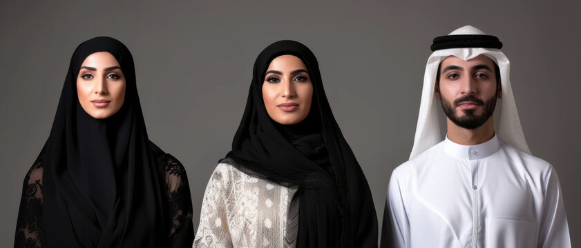 Portrait of three Emiratis in traditional attire, representing cultural pride and heritage