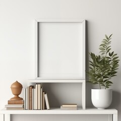 Frame leaning against a bookshelf in a home
office, Envision a blank white mockup 