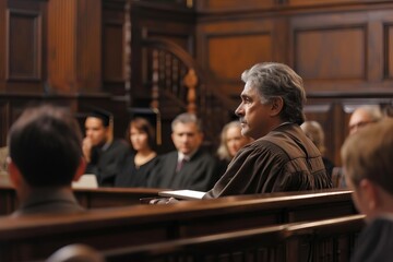 Courtroom scene with a judge delivering a verdict - obrazy, fototapety, plakaty