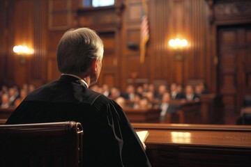 Courtroom scene with a judge delivering a verdict