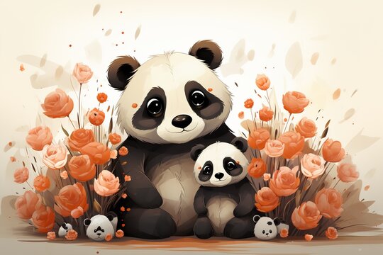 minimalistic design happy Mother's Day. Cute mother and baby panda together. Watercolor Vector illustration