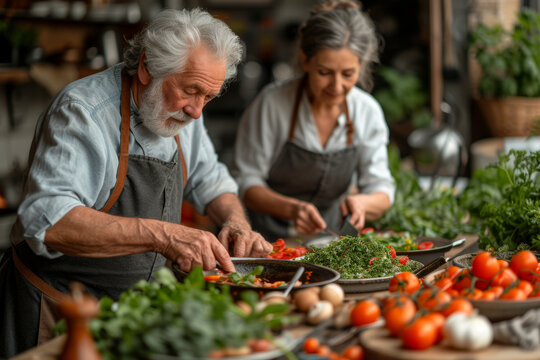 An image of a senior couple engaged in a cooking class, illustrating the joy of learning new culinary skills and maintaining a healthy lifestyle through nutritious meals.  Generative Ai.