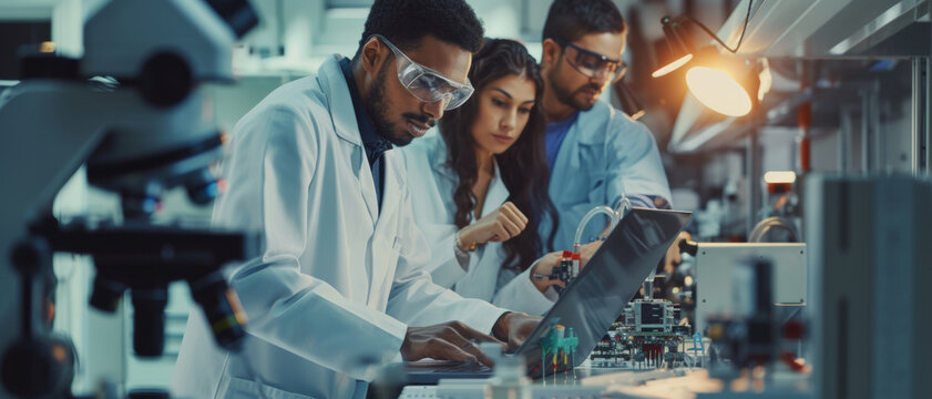 Team of scientists working meticulously in a lab, highlighting research, innovation, and teamwork