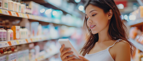 Young woman in a sleeveless top, browsing products in a brightly lit store aisle, engaged with her phone.