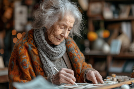A close-up of a senior woman's hands crafting handmade cards, showcasing the creativity and personal touch that older individuals bring to artistic endeavors. Generative Ai.