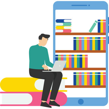 Online Library Concept, Showing People Interacting With Digital Books, Reading Books Online, E-book Concept. Read Digital Books. A Device Used For Reading. Flat Vector Illustration On White Background