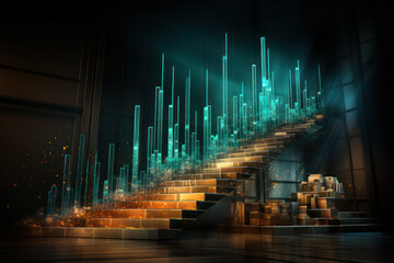 An abstract representation of a financial graph forming an ascending staircase, illustrating the upward trajectory of successful investments and wealth accumulation. Generative Ai.