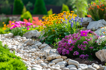 Beautiful flower gardening design details. Designing beautiful landscape.