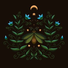 Moth and flowers with moon and stars, symmetrical illustration on black background. For postcards, greeting cards, framed art, stickers, magnets, clothing prints, shoppers, mugs etc.