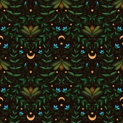 Seamless pattern of moths and flowers with moons and stars, symmetrical illustration on black background. For wallpapers, wrapping paper, fabric, textile, covers, flyleaves, products packaging etc