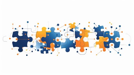 Wide horizontal banner featuring abstract puzzle pieces interconnected with a network of lines and dots. Application: Web banner design, infographic backgrounds, business solutions concept