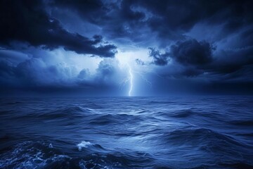 Lightning striking over a dark stormy sea