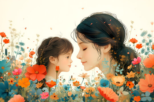 Illustration for Mother's Day, daughter and mother look at each other.