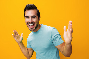Copy man style background laughing yellow fashion arm gesture smiling studio lifestyle portrait...