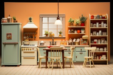 minimalistic design Interior of a doll house's kitchen, miniature diorama illustration