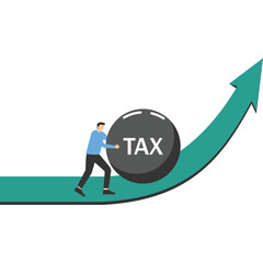 Businessman pushing high tax, Tired businessman pushing rock uphill with inscription tax. Tax time tax burden and taxpayer finance concept. Modern vector illustration